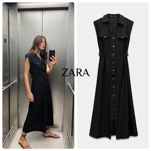 Zara Black Sleeveless Utility Button-Down Shirt Dress